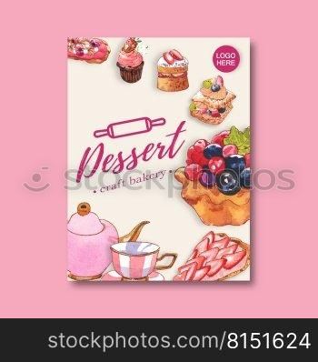 Dessert poster design with strawberry, biscuit, cupcake, cream watercolor illustration. 