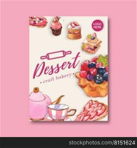 Dessert poster design with strawberry, biscuit, cupcake, cream watercolor illustration. 