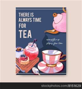 Dessert poster design with Tea time, jam, chocolate, coffee, cheesecake watercolor illustration. 