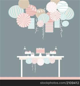 Dessert table and paper lanterns. Candy bar with cake. Vector illustration.. Dessert table and paper lanterns. Candy bar