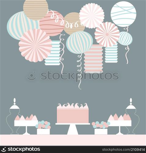 Dessert table and paper lanterns. Candy bar with cake. Vector illustration.. Dessert table and paper lanterns. Candy bar