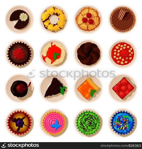 Dessert top view detailed icons set. Cartoon illustration of 16 dessert top view detailed vector icons for web. Dessert top view detailed icons set, cartoon style