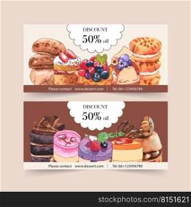 Dessert voucher design with cupcake, cookie and cream watercolor illustration.