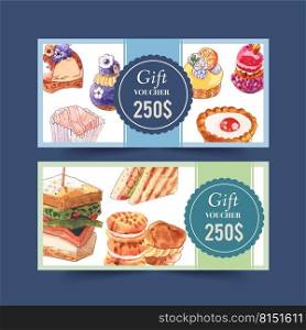 Dessert voucher design with cupcake, sandwich, choux cream watercolor illustration.