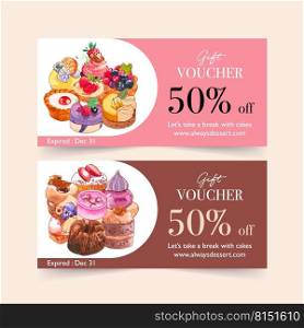Dessert voucher design with custard cake, cupcake, chocolate cake watercolor illustration.