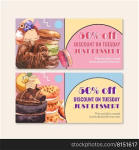 Dessert voucher design with macarons, cookie, chocolate watercolor illustration.