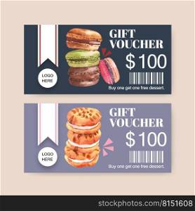 Dessert voucher design with macarons, cookies and cream watercolor illustration.
