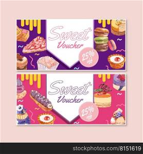 Dessert voucher design with macarons, cupcake, custard cake watercolor illustration.