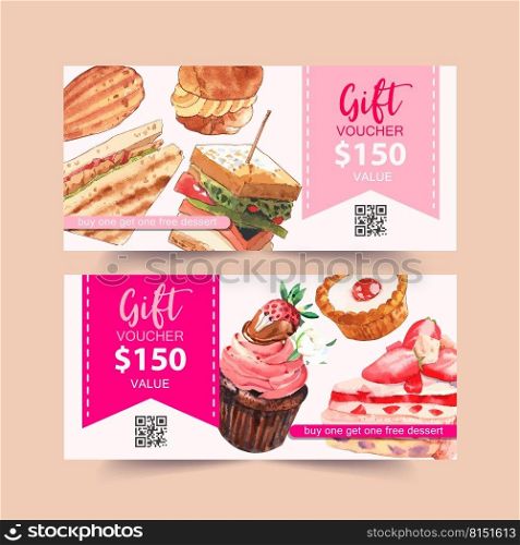 Dessert voucher design with sandwich, choux cream, cupcake  watercolor illustration.