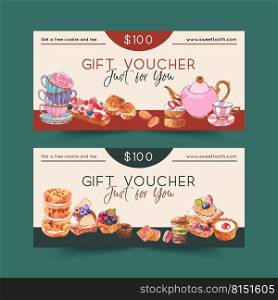 Dessert voucher design with teapot, choux cream, cookie, macarons watercolor illustration.