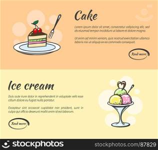 Dessert web banner set. Dessert web banner design. Cake and ice cream. Vectorillustration