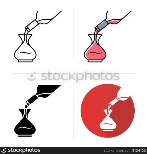 Dessert wine decantering icons set. Alcohol beverage pouring in decanter. Aperitif drink bottle. Barman, sommelier, winery. Flat design, linear, black and color styles. Isolated vector illustrations