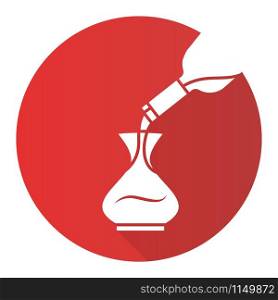 Dessert wine decantering red flat design long shadow glyph icon. Alcohol beverage pouring in decanter. Aperitif drink bottle. Barman, sommelier, winery. Vector silhouette illustration
