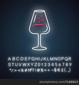 Dessert wine glass neon light icon. Alcohol beverage with bubbles. Sweet aperitif drink. Party cocktail. Port wineglass. Glowing sign with alphabet, numbers and symbols. Vector isolated illustration