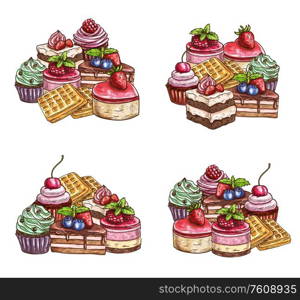 Desserts and cakes, vector sketch bakery, pastry and confectionery sweets. Patisserie food tarts and cupcakes with berry toppings, waffles and cream muffins, chocolate brownie, tiramisu and cheesecake. Patisserie cakes, pastry sweet desserts, sketch