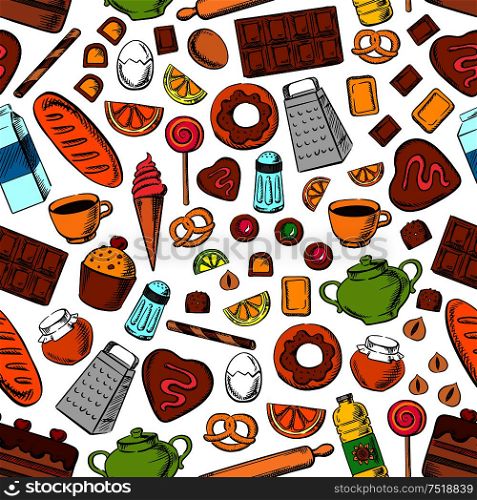 Desserts and kitchenware seamless background. Wallpaper with vector icons of sweets, cookies chocolate, biscuits, cupcakes, bread bagels, tea, coffee, milk, eggs nuts honey jam. Desserts and kitchen utensils seamless background