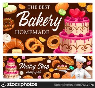 Desserts and pastry, cakes and bakery shop vector banners. Pastry assortment, bagels and buns, sweet dessert pie and donut, croissant and baguette, pretzel and cupcake, macaroon and meringues. Desserts, cakes and pastry, bakery shop