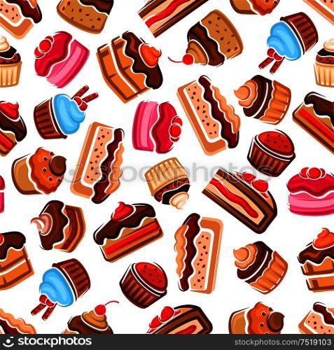 Desserts and sweets seamless background. Wallpaper with vector icons of patisserie confectionery chocolate cupcakes, biscuit cakes, muffins, whipped cream, strawberry and cherry topping. Desserts and sweets seamless background