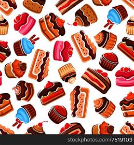 Desserts and sweets seamless background. Wallpaper with vector icons of patisserie confectionery chocolate cupcakes, biscuit cakes, muffins, whipped cream, strawberry and cherry topping. Desserts and sweets seamless background