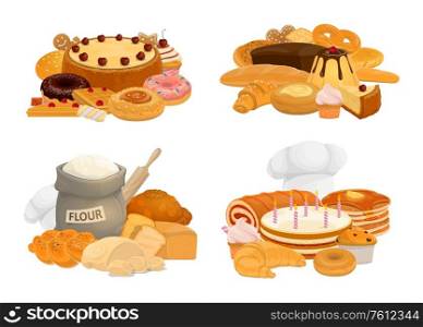 Desserts, baking bread and pastry vector icons of patisserie food. Bakery shop chocolate croissant and flour, wheat and rye bake production, pie with candles, pudding and dough, baker toque and donut. Bread, desserts and pastry vector icons