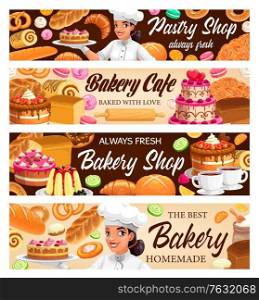 Desserts, cakes and bakery vector banners. Bake bagels and buns, fresh baking sweet dessert donut, croissant and baguette, pretzel and cupcake. Macaroon and meringues Baker shop pastry assortment. Desserts, cakes, bakery vector banners, baker shop