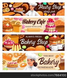 Desserts, cakes and bakery vector banners. Bake bagels and buns, fresh baking sweet dessert donut, croissant and baguette, pretzel and cupcake. Macaroon and meringues Baker shop pastry assortment. Desserts, cakes, bakery vector banners, baker shop