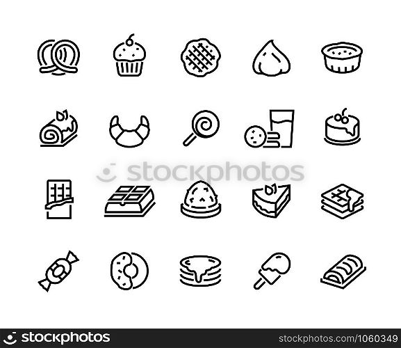 Desserts line icons. Sweet food cakes waffles biscuits donuts and bakery, croissant chocolate pie and cookies. Vector sweet set with cake candies biscuits muffin chocolate for icon celebration. Desserts line icons. Sweet food cakes waffles biscuits donuts and bakery, croissant chocolate pie and cookies. Vector sweet set