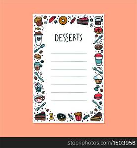 Desserts menu template. Colorful doodle style coffee cups, pastry and cakes on light background with copy space. Exellent for menu design. A4 size proportion. Cartoon vector illustration. Desserts menu template. Colorful doodle style coffee cups, pastry and cakes on light background with copy space. Exellent for menu design. A4 size proportion. Cartoon vector illustration.