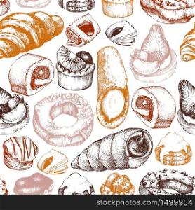 Desserts Seamless pattern. Breakfast Pastries and Brownies background. Hand drawn baked products illustration. Vintage food sketches for cafe or bakery menu design.