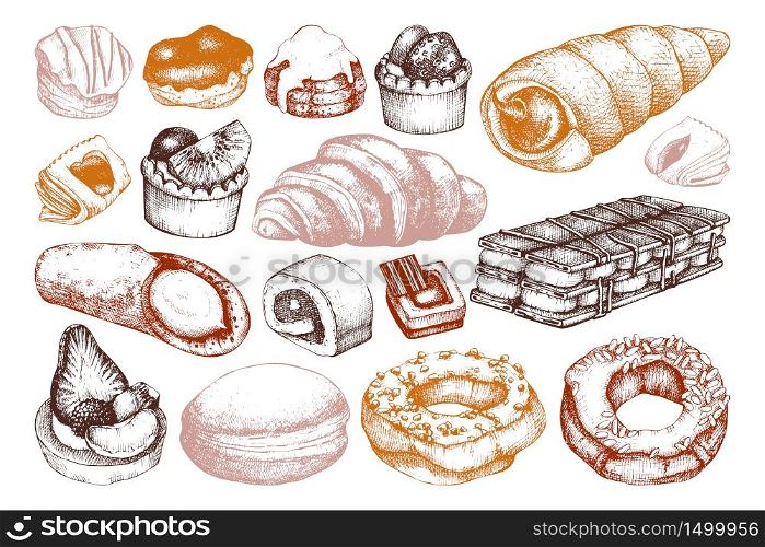 Desserts Seamless pattern. Breakfast pastry and baking background. Hand drawn baked products illustration. Vintage food sketches for cafe or bakery menu design.