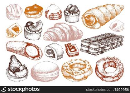 Desserts Seamless pattern. Breakfast pastry and baking background. Hand drawn baked products illustration. Vintage food sketches for cafe or bakery menu design.
