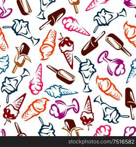 Desserts seamless pattern with cones, chocolate ice cream on sticks and sundae ice cream with fruits and syrup. Dessert menu or snack themes. Seamless pattern with ice cream desserts