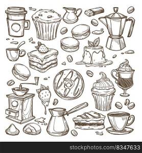 Desserts served with coffee beverage, donut and cupcake with cream, tart with cheese and strawberry. Pudding and chocolate macaroons, latte or espresso to go. Monochrome sketch outline, vector. Coffee and desserts, cakes and sweet pastry sketch