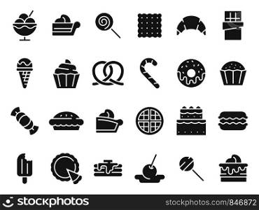 Desserts silhouette icon. Sweet muffin cakes, dessert ice cream and chocolate pie. wedding or birthday cake, pastry food muffin, donut and croissant logo. Isolated vector icons set. Desserts silhouette icon. Sweet muffin cakes, dessert ice cream and chocolate pie vector icons set