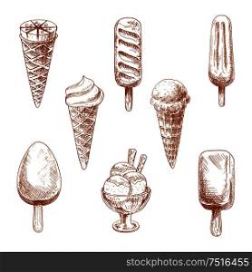 Desserts sketches with ice cream cones, chocolate bars and fruity popsicles on sticks and ice cream sundae with glazing and wafer tubes. Sweet sketches for dessert menu and snack theme design. Ice cream desserts engraving sketches