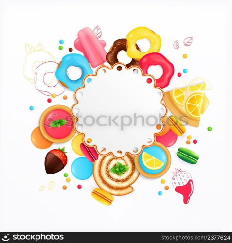 Desserts sweets cafe confectionary appetizing festive circular background with lemon cake chocolate covered strawberries doughnuts vector illustration. Desserts Sweets Festive Circular Background
