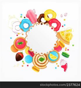 Desserts sweets cafe confectionary appetizing festive circular background with lemon cake chocolate covered strawberries doughnuts vector illustration. Desserts Sweets Festive Circular Background