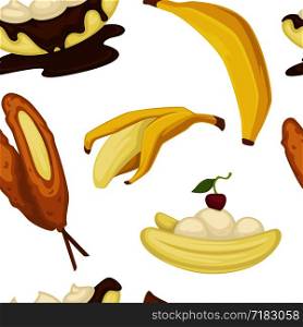 Desserts types, banana with peel and bread bakery seamless pattern vector. Cakes and chocolate topping, pancakes and bowl with cereals. Sweet dumplings, baked food with cherry berry isolated meal. Desserts types, banana with peel and bread bakery seamless pattern vector.