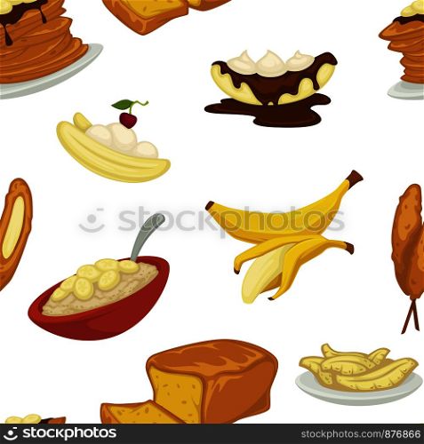 Desserts types, banana with peel and bread bakery seamless pattern vector. Cakes and chocolate topping, pancakes and bowl with cereals. Sweet dumplings, baked food with cherry berry isolated meal. Desserts types banana and bread bakery pattern vector