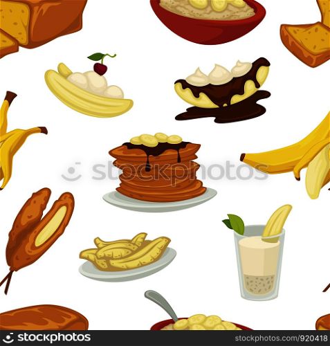 Desserts types, banana with peel and bread bakery seamless pattern vector. Cakes and chocolate topping, pancakes and bowl with cereals. Sweet dumplings, baked food with cherry berry isolated meal. Desserts types, banana with peel and bread bakery seamless pattern vector.
