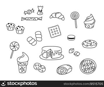 Desserts vector dood≤s. Sweet food e≤ments isolated black on white background. Hand drawn outli≠illustration of cake, candies, cupcake, lollipops and cookies. Hand drawn cute dood≤drawings.. Desserts vector dood≤s. Sweet food e≤ments isolated black on white background. Hand drawn outli≠illustration of cake, candies, cupcake, lollipops and cookies. Hand drawn cute dood≤drawings