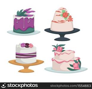 Desserts with flower decor wedding cake on plate or stand isolated dish floral decoration biscuit layers in cream or icing confectionery product food or meal lavender and peony macaroons and roses.. Wedding cakes desserts with flower decor sweet dish