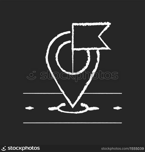 Destination marker chalk white icon on black background. Global positioning and tracking system, navigation technology. Location pointer, geotag with flag isolated vector chalkboard illustration. Destination marker chalk white icon on black background