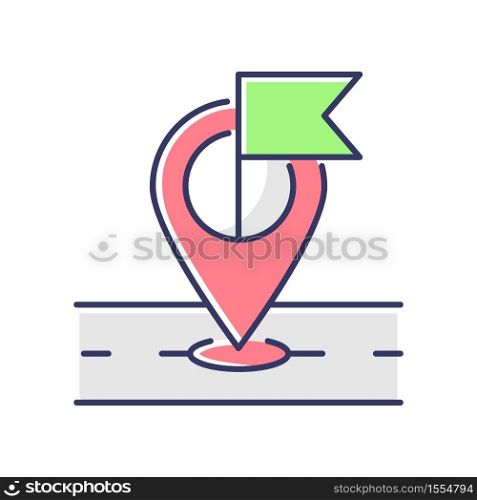 Destination marker RGB color icon. Global positioning and tracking system, navigation technology. Location pointer, geotag with flag isolated vector illustration. Destination marker RGB color icon