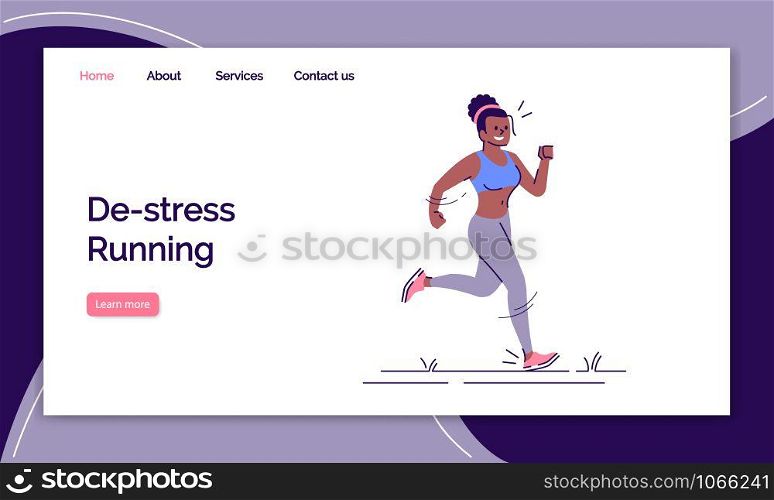 Destress running landing page vector template. Active lifestyle website interface idea with flat illustrations. Physical training homepage layout. Jogging web banner, webpage cartoon concept