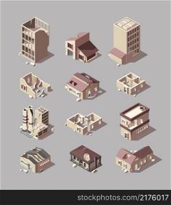 Destroyed buildings. Damaged urban isometric architectural objects bad houses stores outdoor urban buildings garish vector illustrations set. Destroyed architecture and destruction cartoon ruin. Destroyed buildings. Damaged urban isometric architectural objects bad houses stores outdoor urban buildings garish vector illustrations set