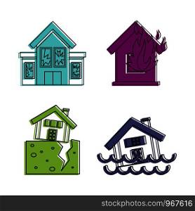 Destroyed house icon set. Color outline set of destroyed house vector icons for web design isolated on white background. Destroyed house icon set, color outline style
