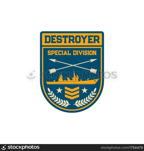 Destroyer submarine maritime division special squad isolated army chevron. Vector navy marine forces patch on military officer uniform. Chevron with sub boat, crossed arrows and olive oil branches. Maritime forces patch on uniform with sub boat