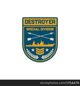 Destroyer submarine maritime division special squad isolated army chevron. Vector navy marine forces patch on military officer uniform. Chevron with sub boat, crossed arrows and olive oil branches. Maritime forces patch on uniform with sub boat