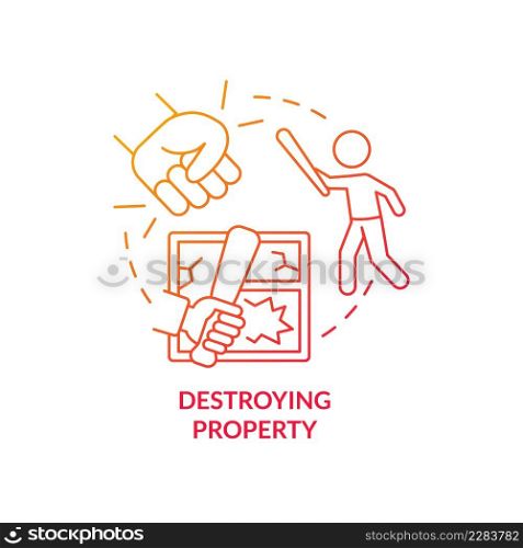 Destroying property red gradient concept icon. Teen mental issue abstract idea thin line illustration. Feeling overwhelmed. Out-of-control behavior. Isolated outline drawing. Myriad Pro-Bold font used. Destroying property red gradient concept icon